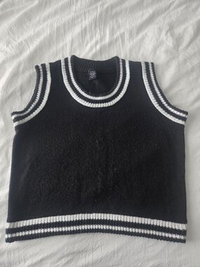 Black Knit Sleeveless Sweater Vest with White Stripe Trim